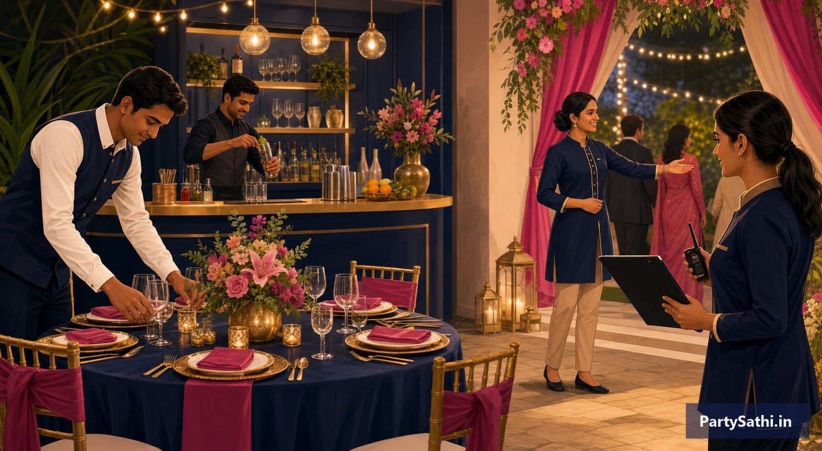 A coordinated event team preparing dining, beverage, welcome and operational areas for a celebration