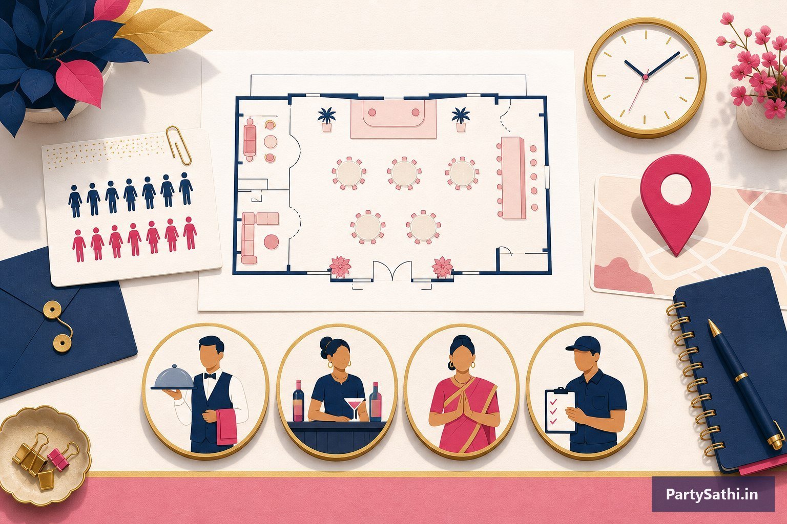 An illustrated event planning desk with a venue layout, guest count, schedule, location and four staffing roles