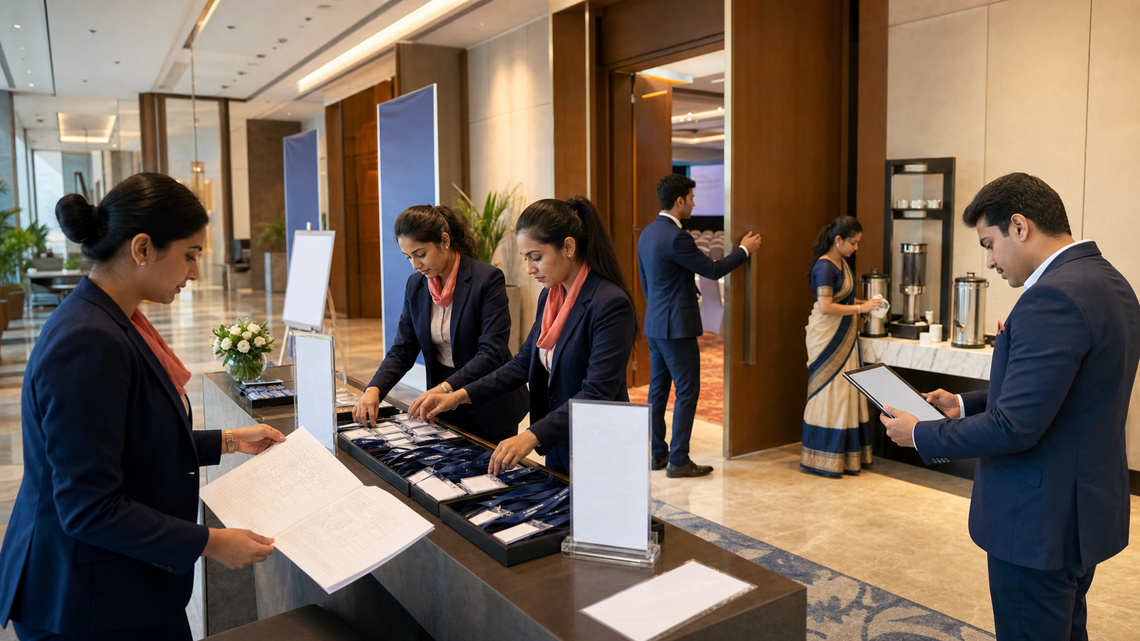 Indian conference event professionals preparing registration, session access and refreshments before attendees arrive