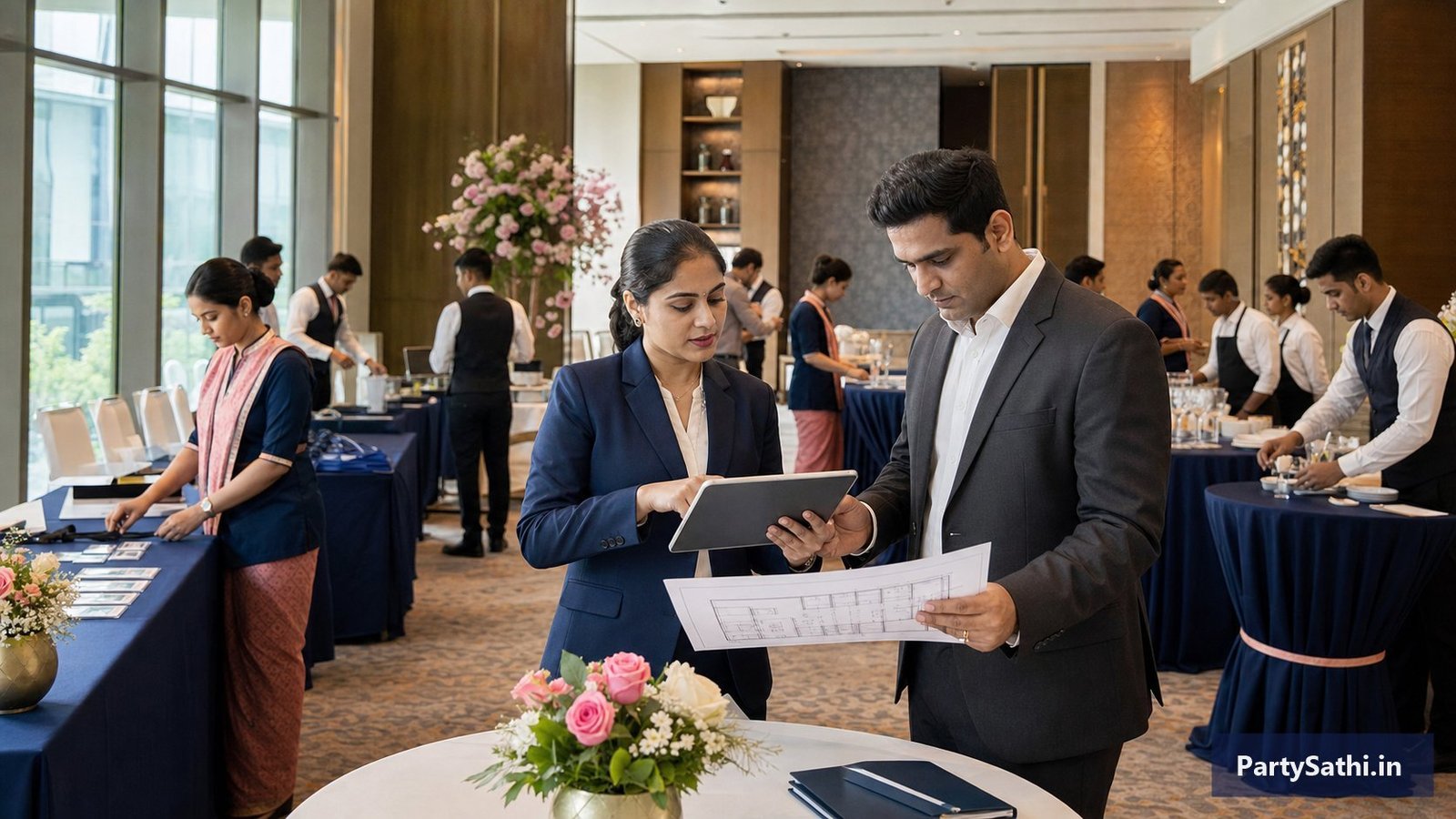 Corporate event coordinators reviewing a floor plan while hospitality professionals prepare the venue