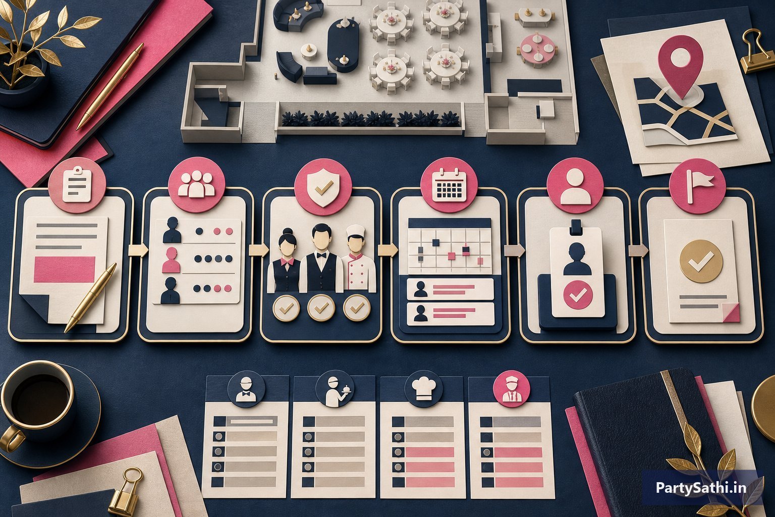 An illustrated corporate event staffing workflow connecting the brief, role selection, team assignment, schedule, attendance and completion