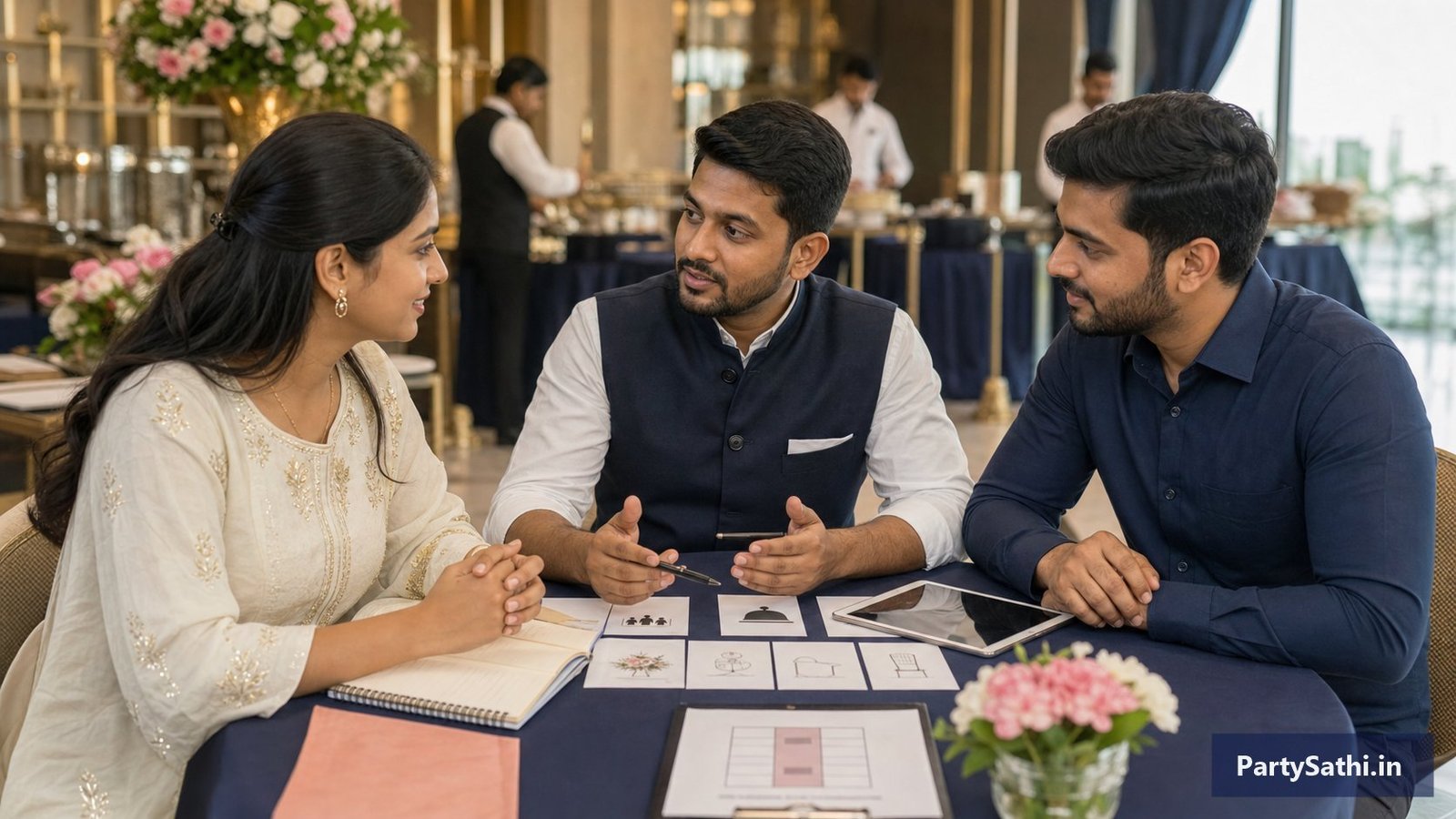 An Indian host, event professional and coordinator reviewing service and earnings information together before an event