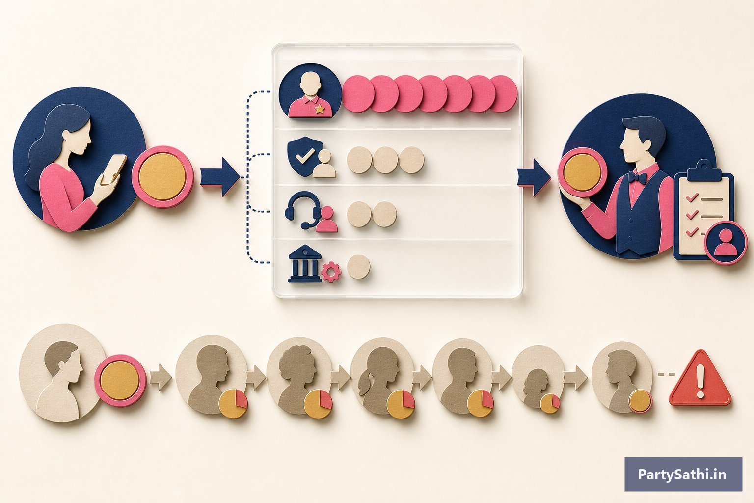 An illustrated comparison between a transparent service breakdown and an opaque chain of intermediaries reducing the amount reaching an event professional