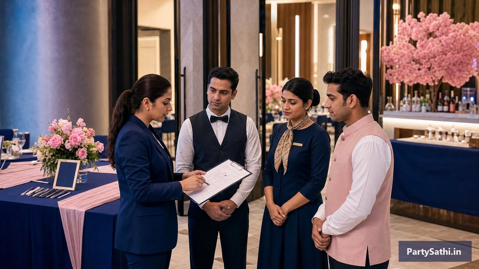 An event coordinator briefing hospitality professionals with a venue plan before guests arrive
