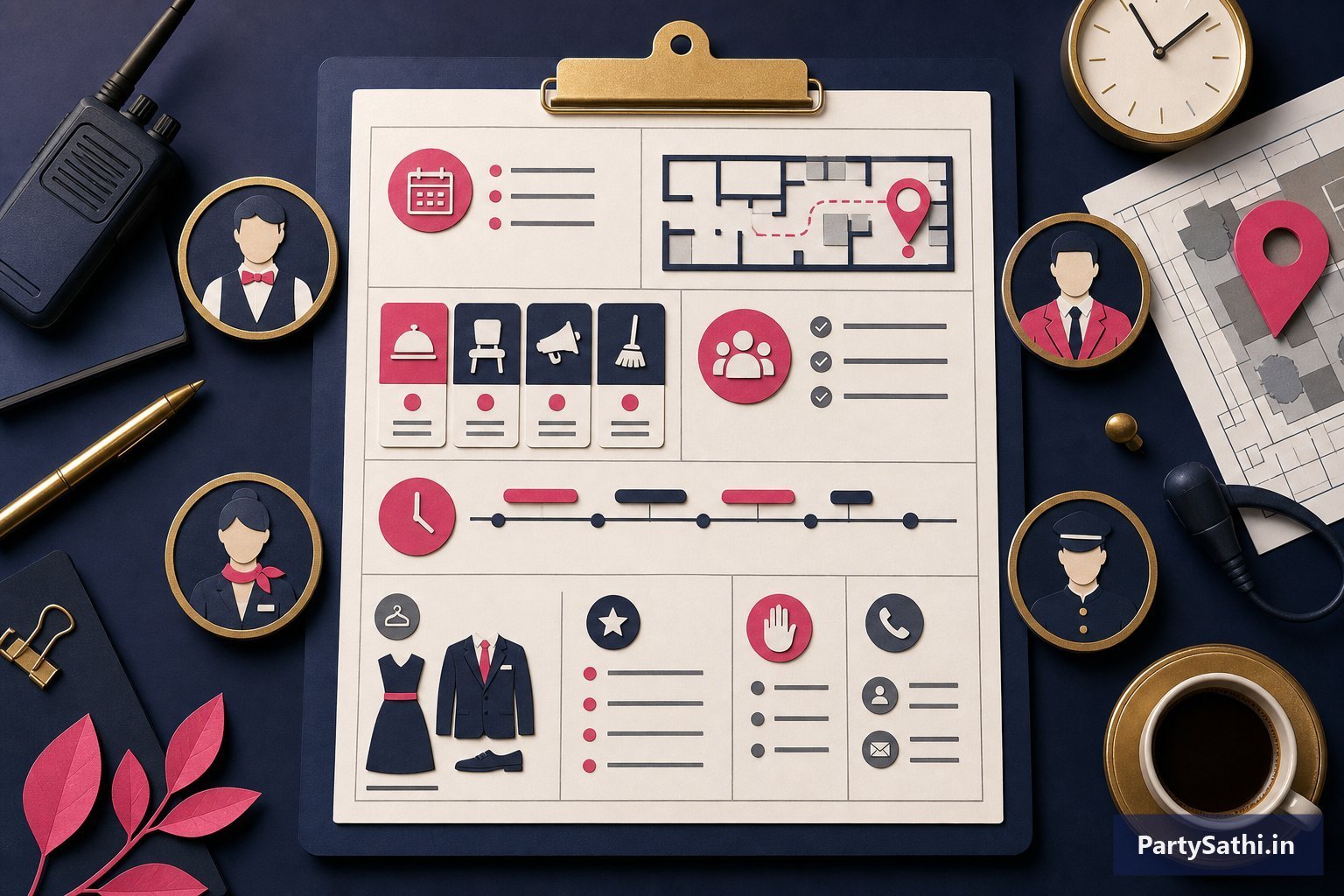 An illustrated event staff brief template covering event details, venue, roles, guests, timing, dress, priorities, boundaries and contacts