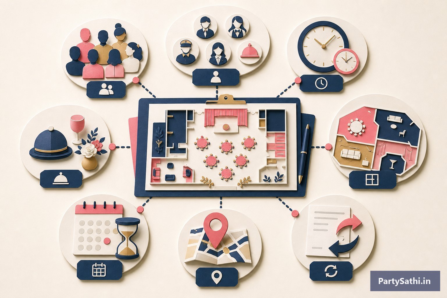 An illustrated event plan surrounded by staffing cost factors including guests, roles, time, venue zones, date, location and changes