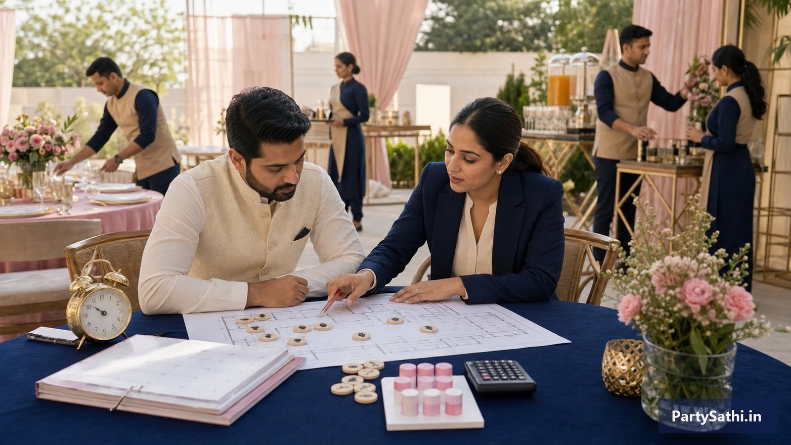 An Indian host and event coordinator reviewing staffing roles, venue zones and timing before a celebration