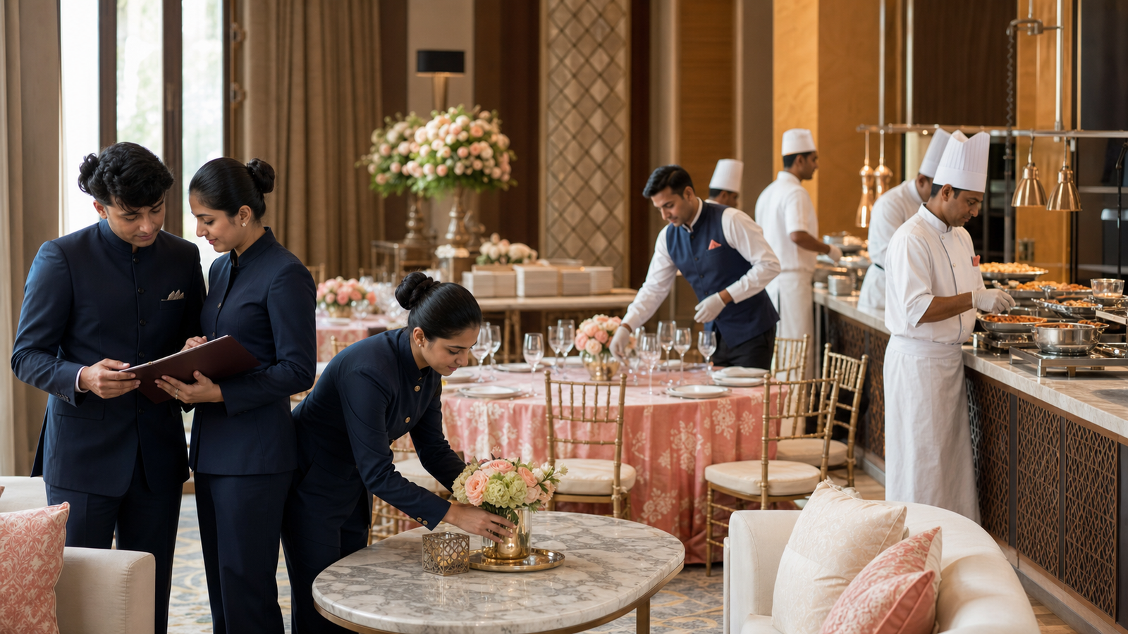 Indian event staff coordinating a guest area while catering professionals prepare food service in the same venue