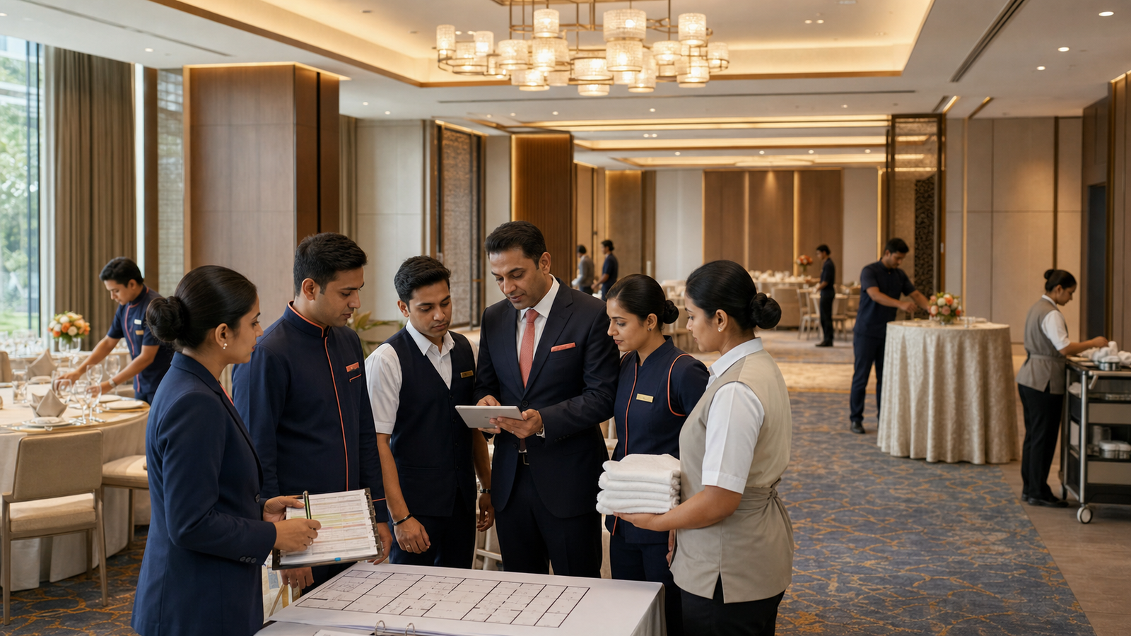 An Indian hotel banquet manager briefing event and housekeeping professionals with a floor plan and shift roster