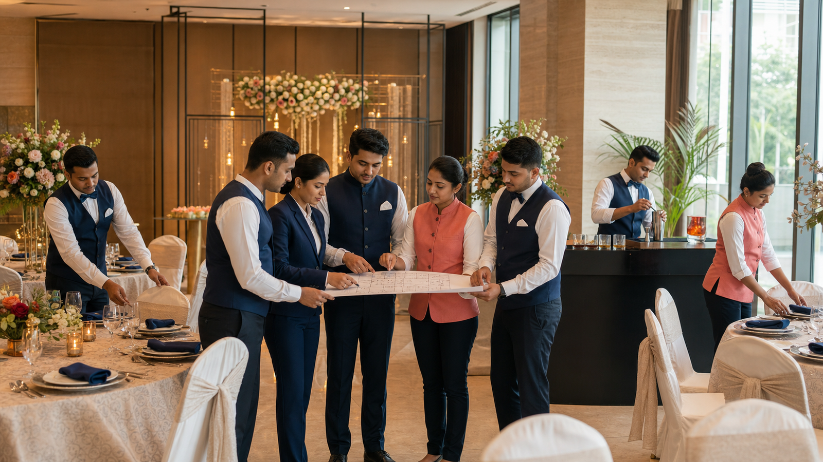An Indian event hospitality team reviewing a venue plan while preparing dining, welcome and beverage service areas