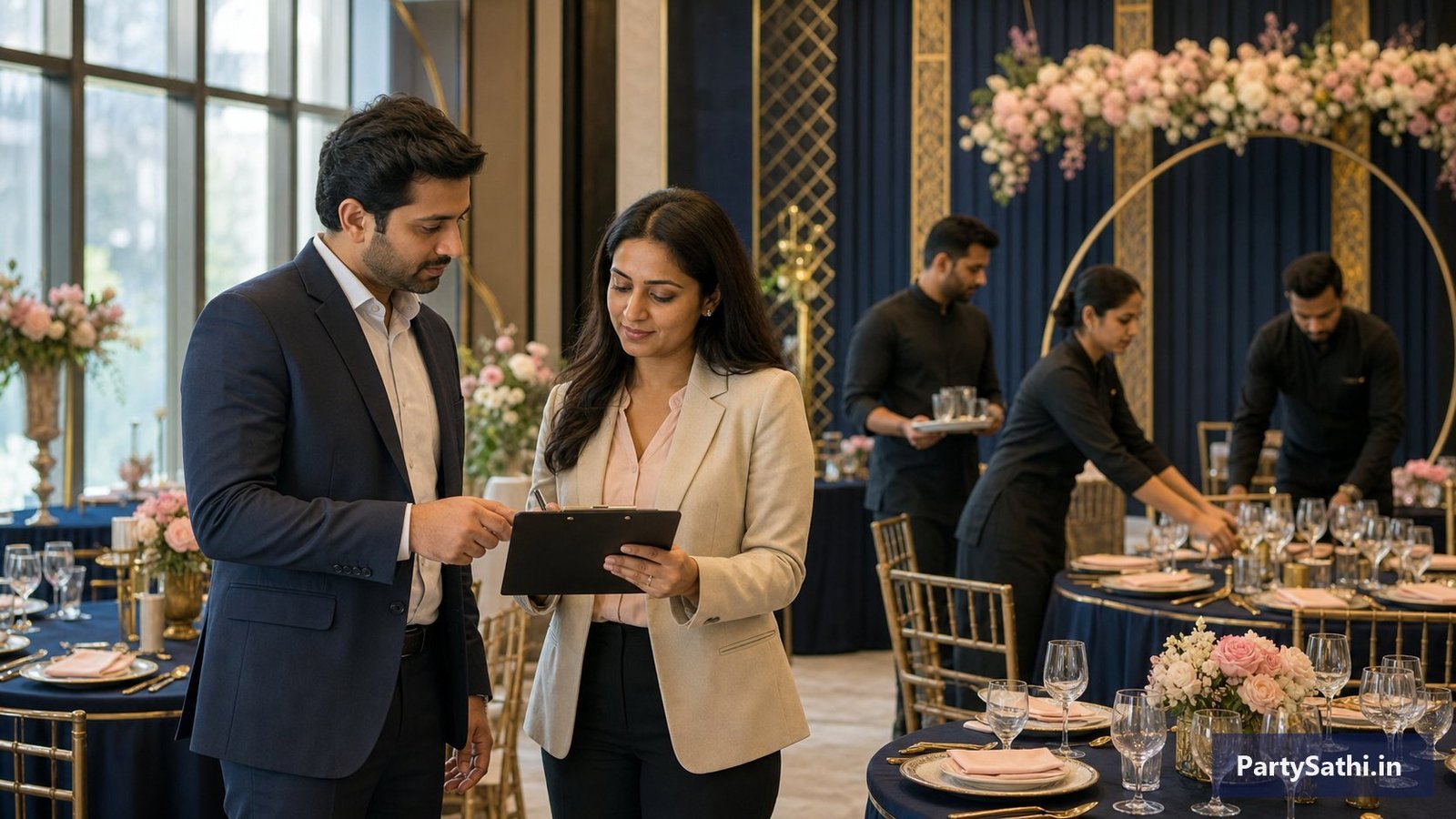 An event host and coordinator calmly reviewing a staffing plan while a hospitality team prepares the venue