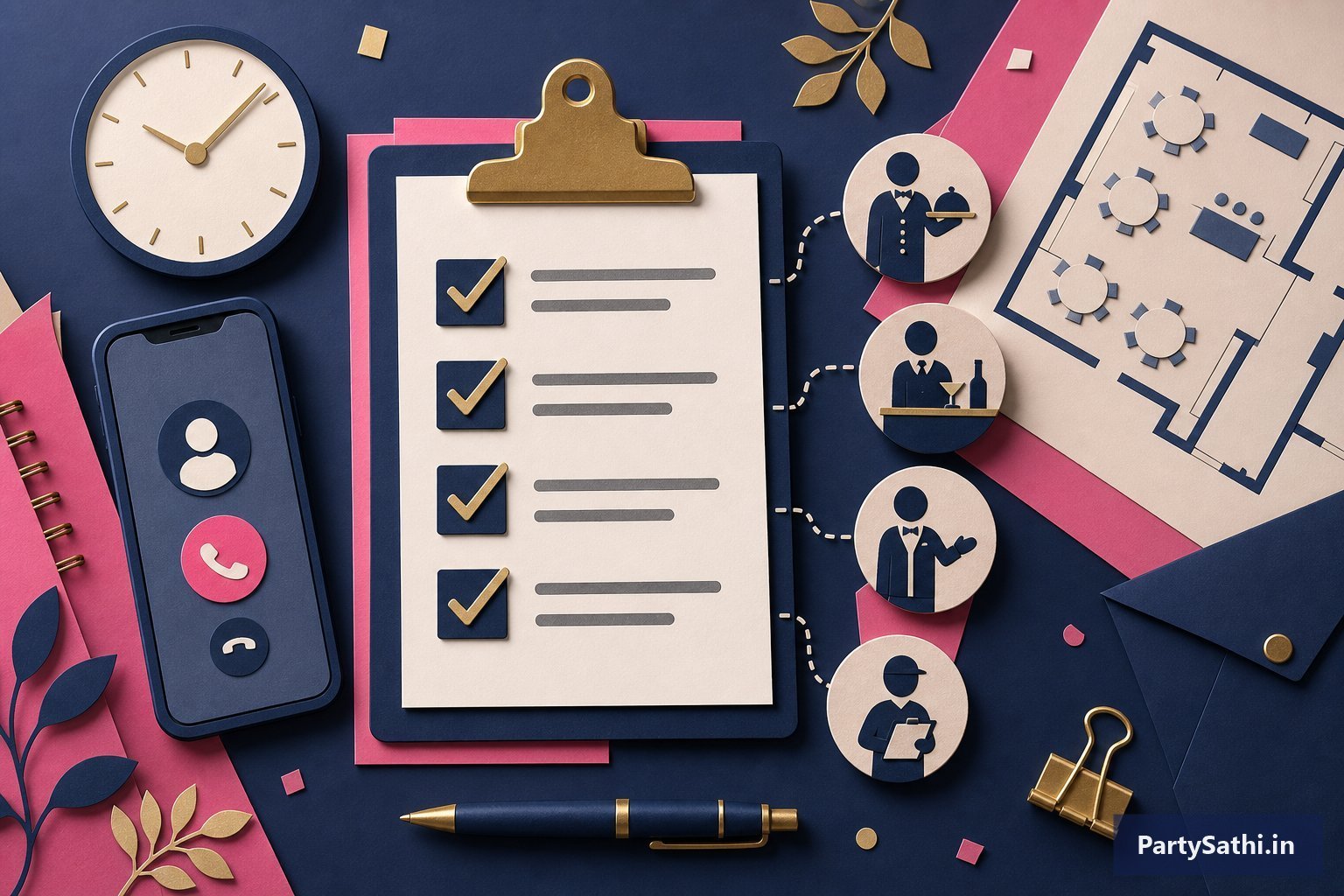 An illustrated backup staffing plan with a checklist, clock, phone, venue layout and hospitality role markers