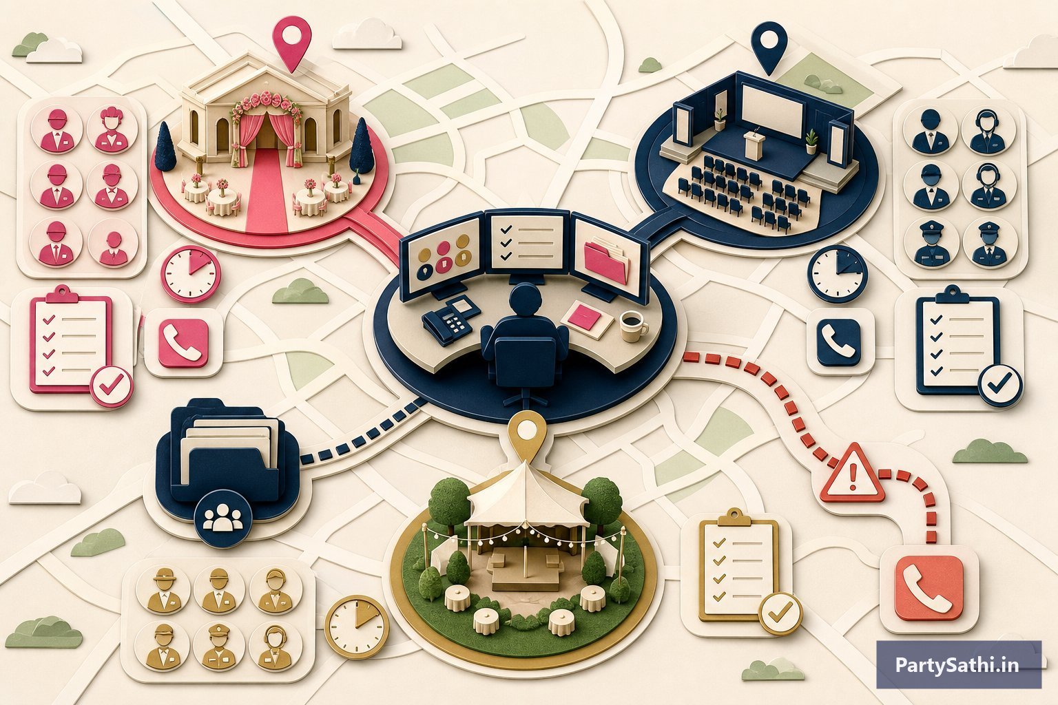 An illustrated central operations hub connected to three venues with role groups, schedules, contacts, attendance and escalation records