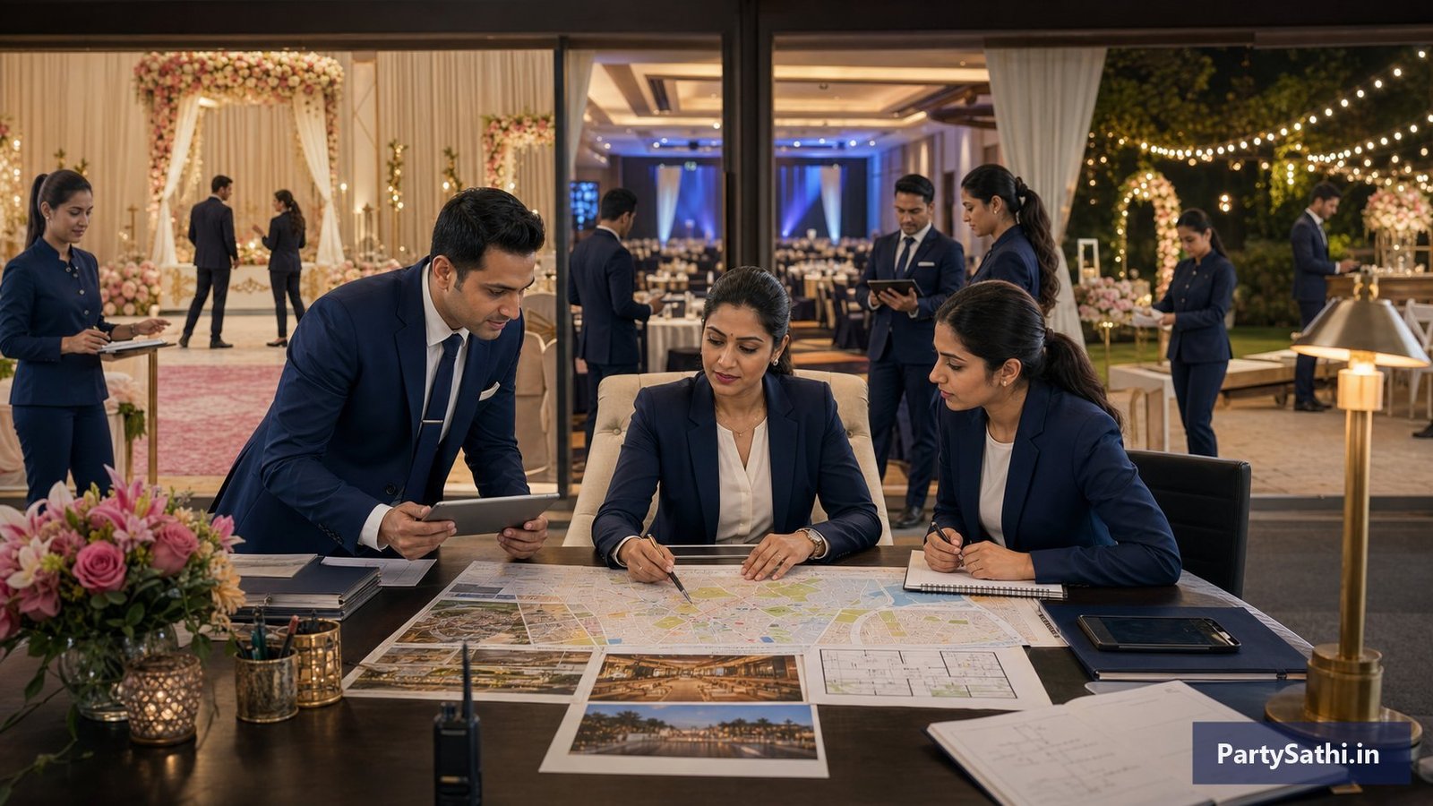 An Indian event operations team coordinating staff plans for a wedding venue, corporate hall and outdoor event