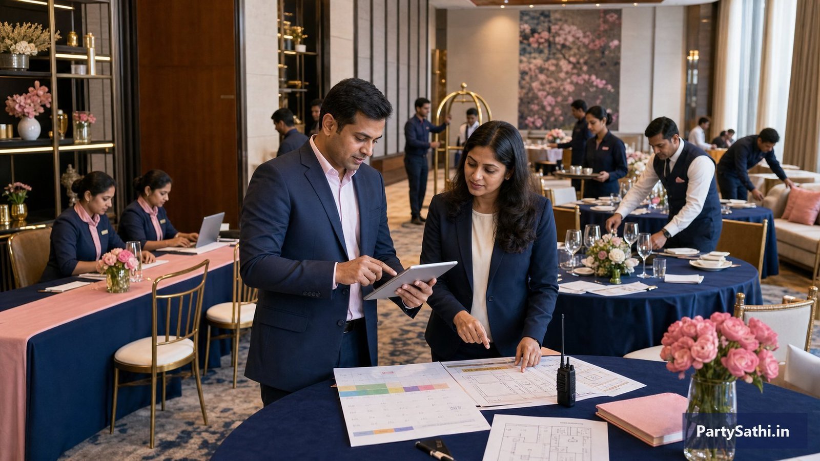 Venue and staffing coordinators reviewing a recurring event schedule while a hospitality team prepares the space