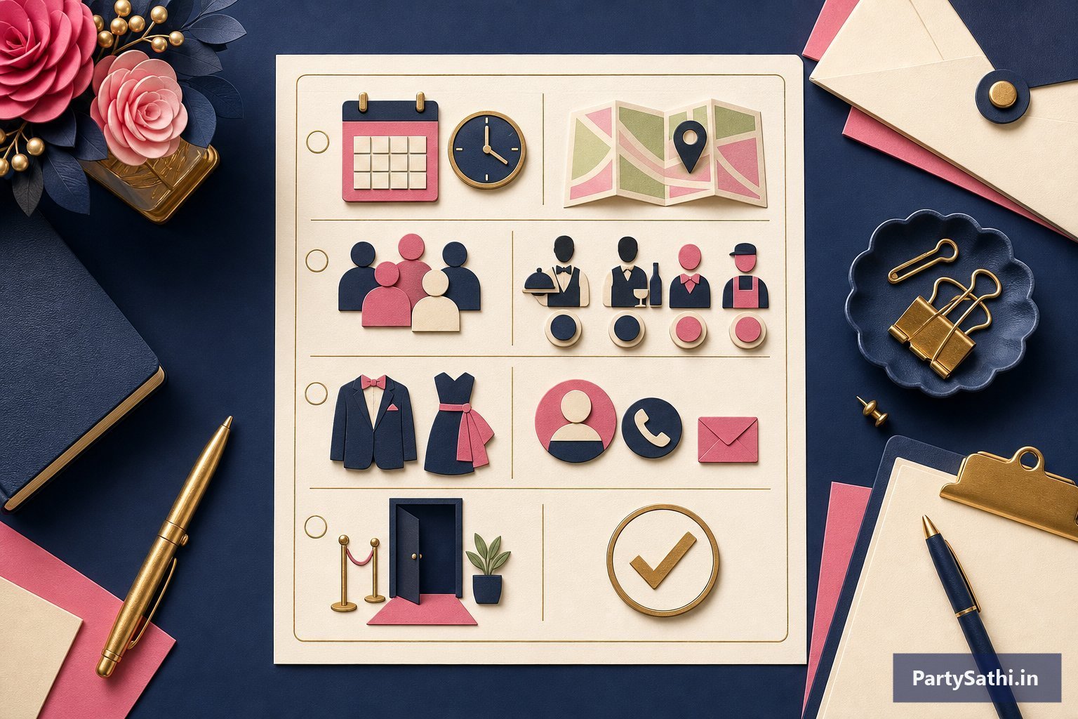 An illustrated same-day staffing checklist covering date, location, guests, roles, dress code, contact, venue access and confirmation