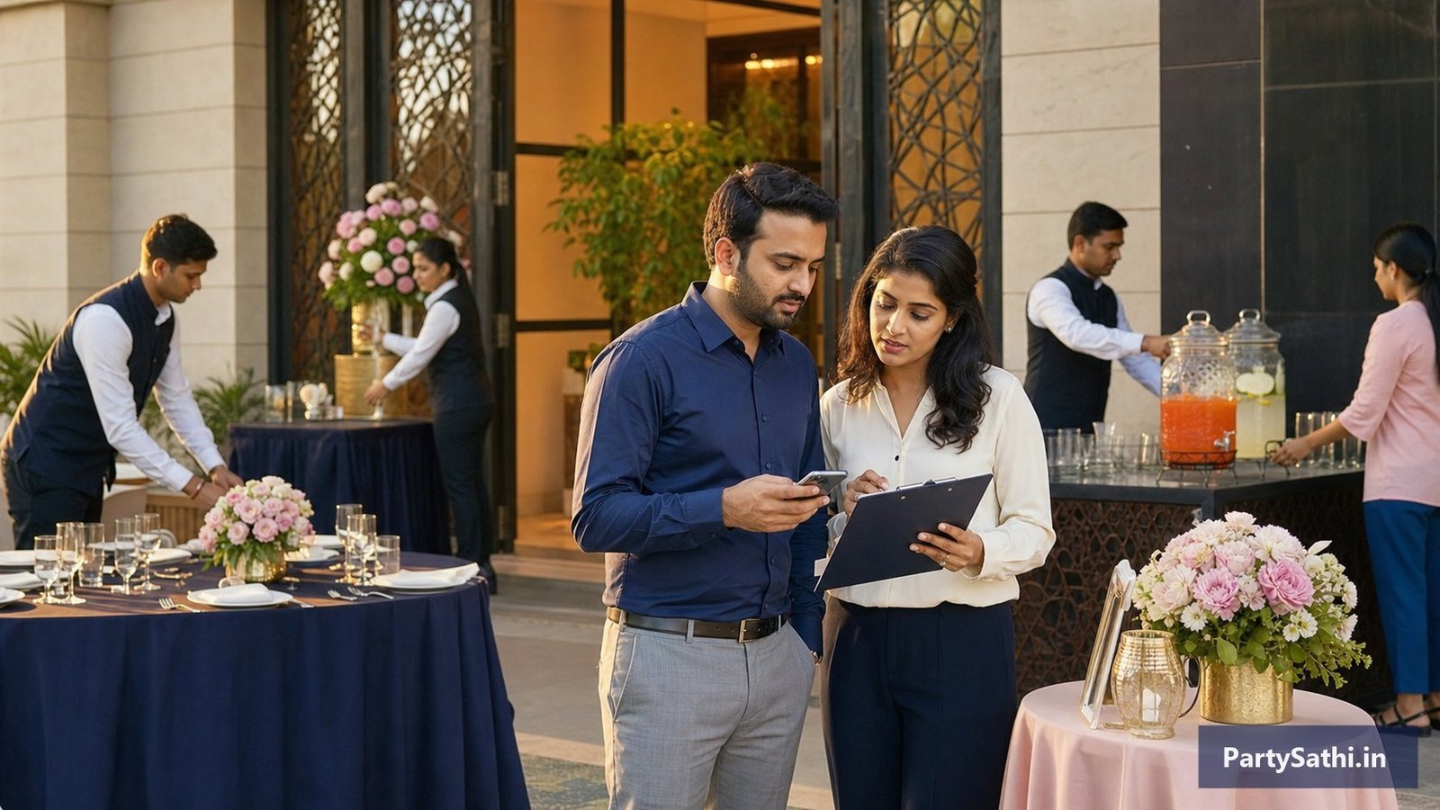 An event host and coordinator reviewing same-day preparations while hospitality professionals set up the venue