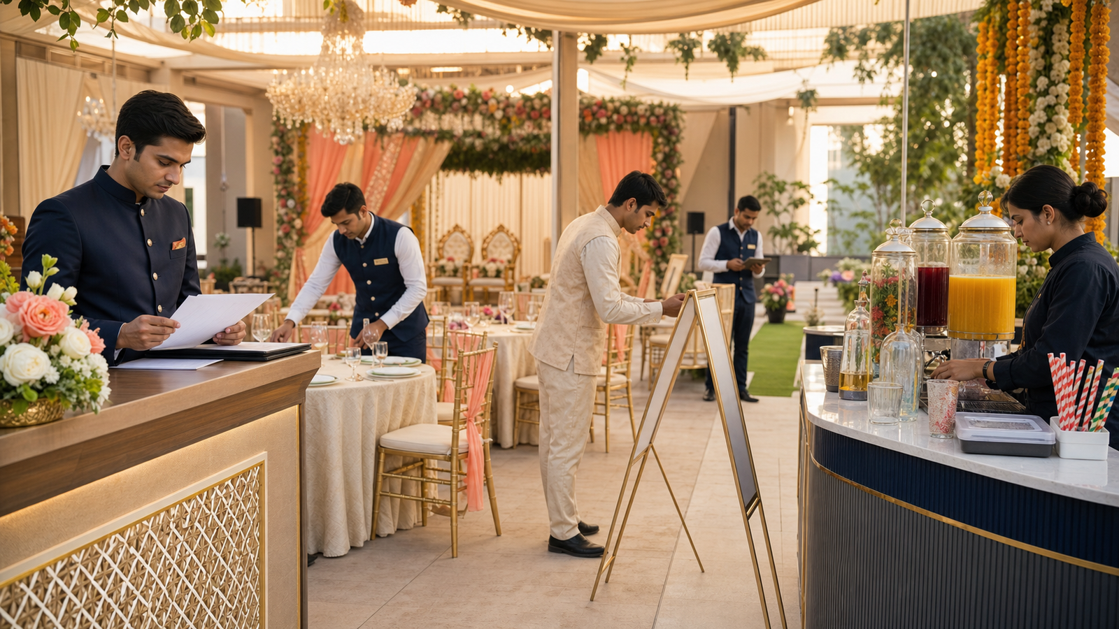 Indian wedding event professionals preparing the welcome desk, dining tables, schedule and beverage counter before guests arrive