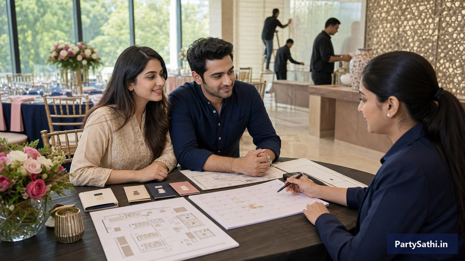An Indian couple and event coordinator reviewing a calendar, venue plan and staffing roles ahead of a celebration