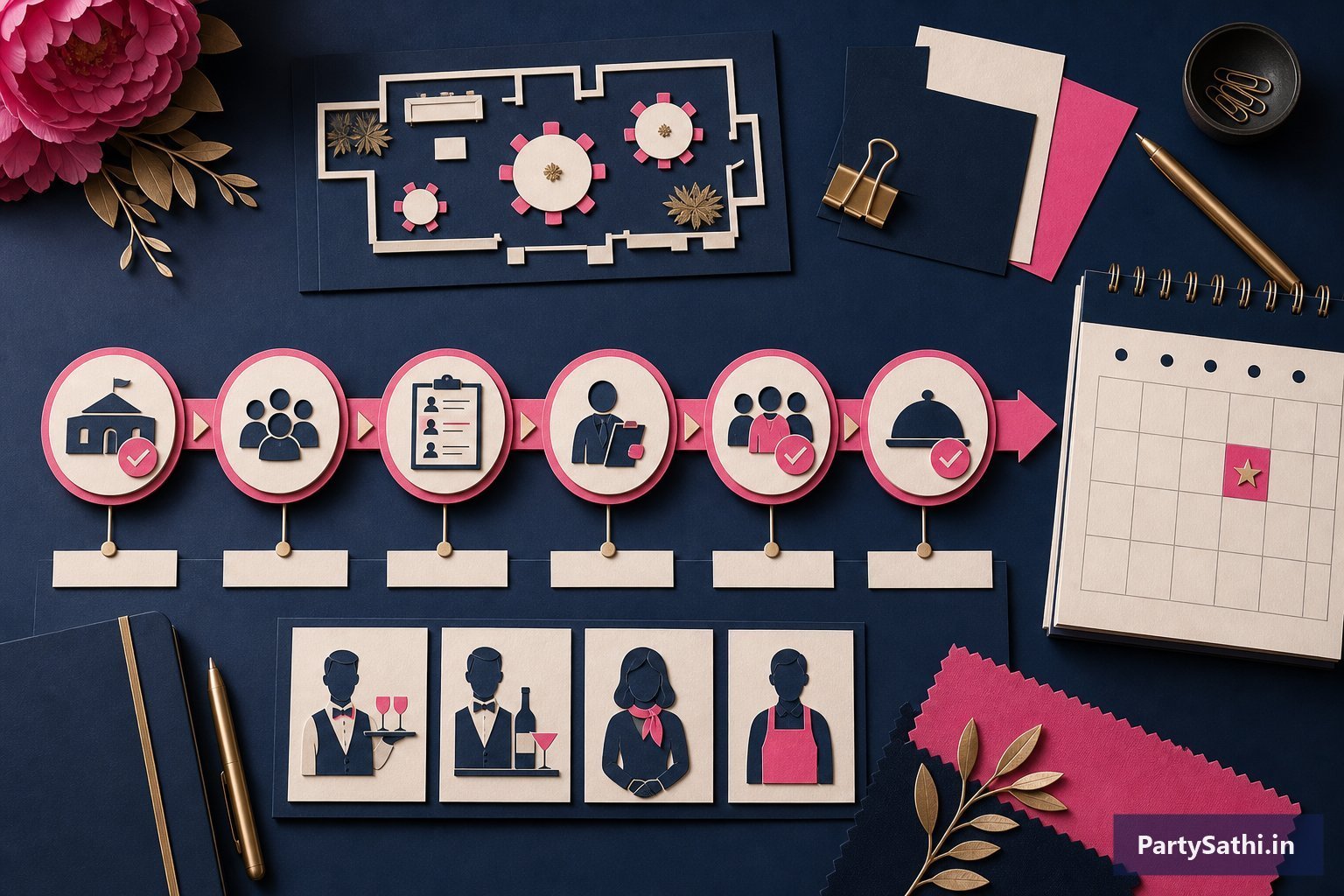 An illustrated event staffing timeline covering venue, guest estimate, roles, brief, final confirmation and the event date